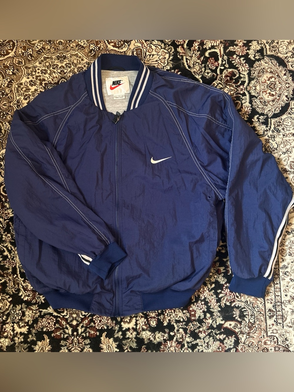 Vintage 90s Nike Navy Blue Track Jacket Full Zip White Stripe Mens Size Large